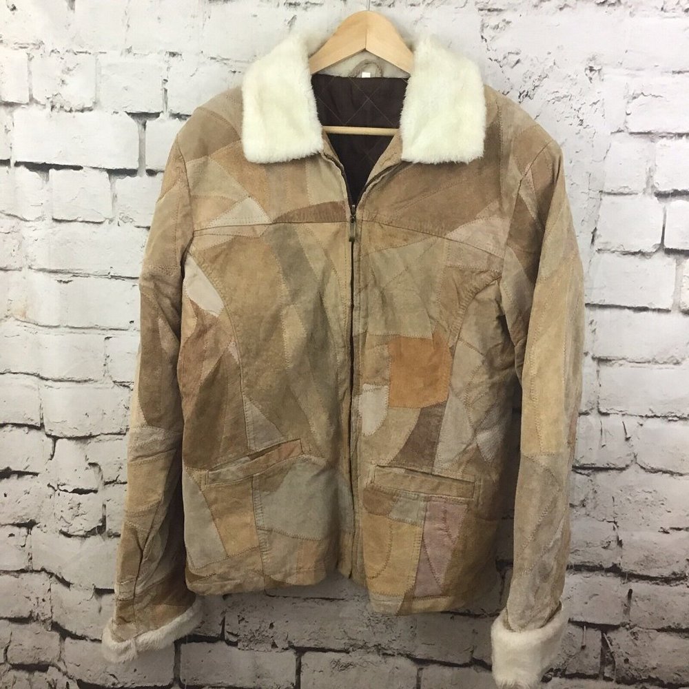 VTG 70's Jacket Leather Suede Patchwork Womens Sz XL Zip Sherpa Trim Coat